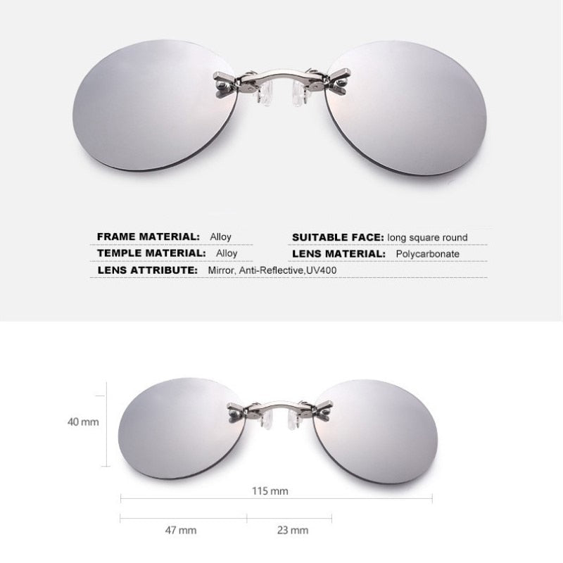 "Lunettes rondes sans monture avec clip-on, élégantes et pratiques. Un design minimaliste pour un look moderne et adaptable à toutes les occasions. Protection UV garantie."